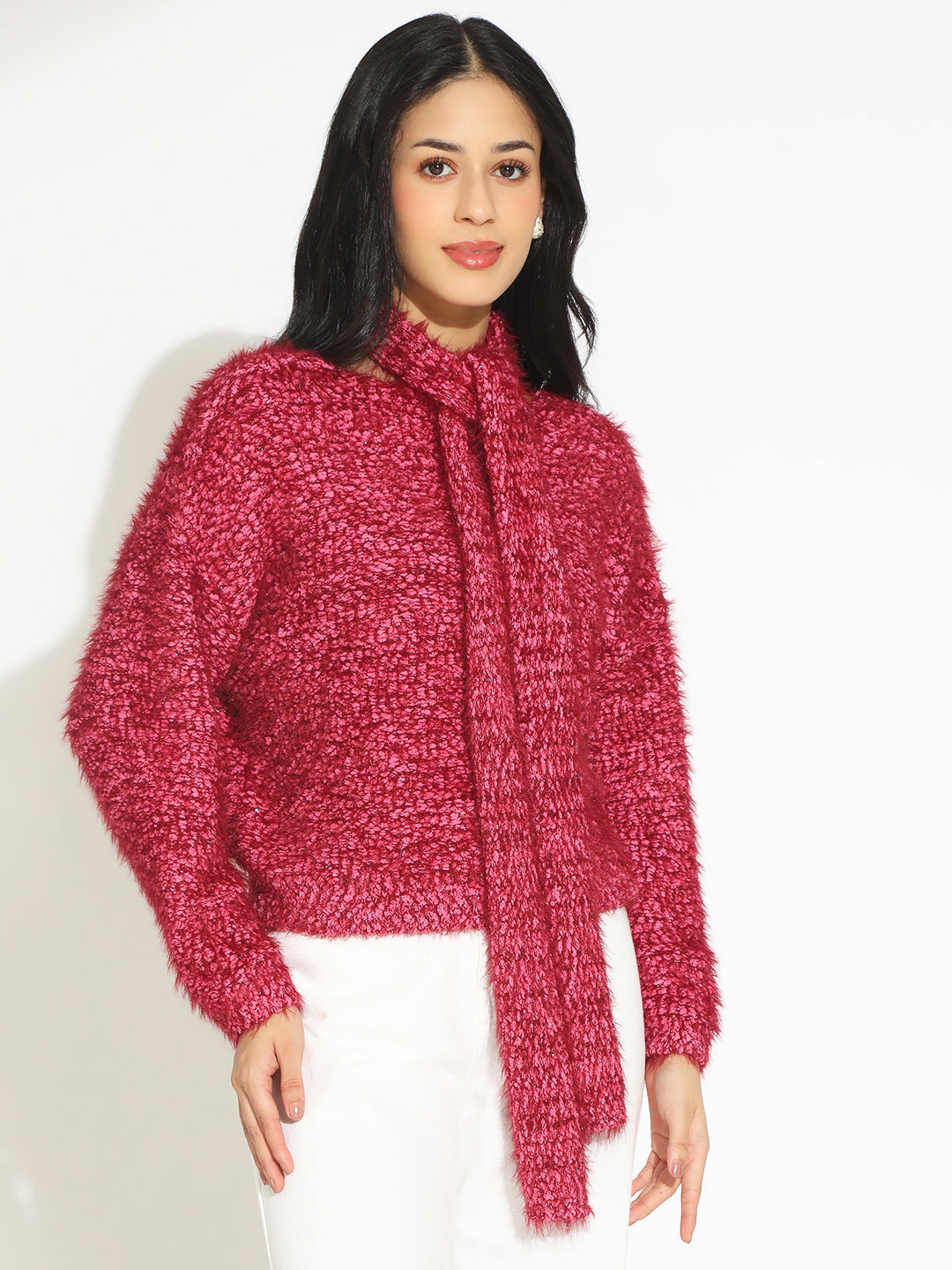 Women's Pink Fuzzy Knit Top with Tie Neck Detail