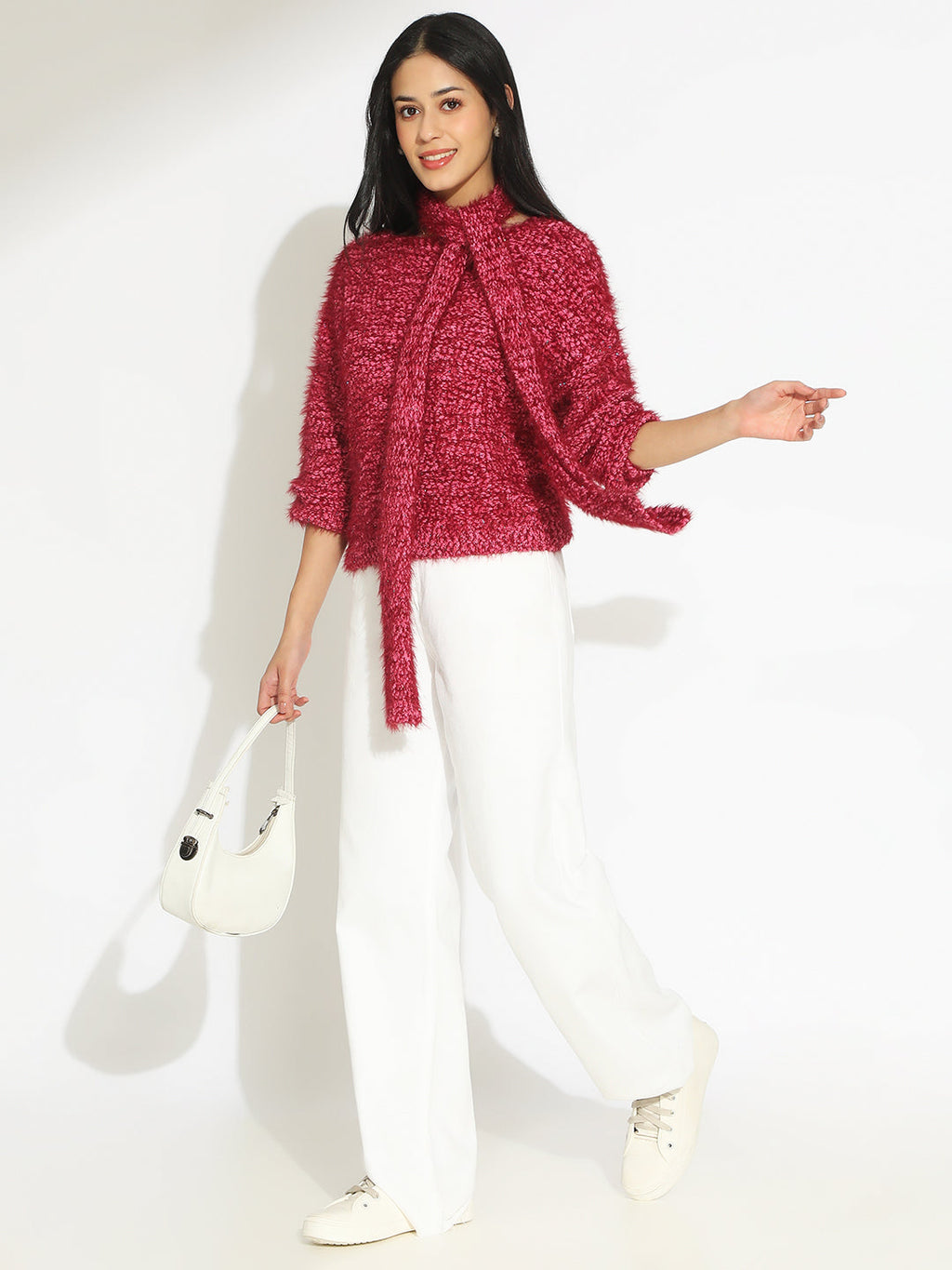 Women's Pink Fuzzy Knit Top with Tie Neck Detail