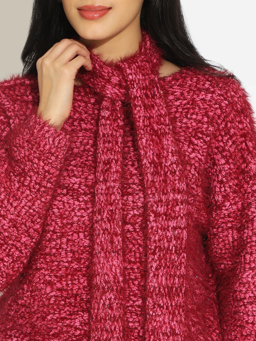 Women's Pink Fuzzy Knit Top with Tie Neck Detail