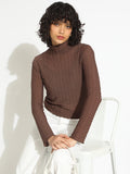 Women's Brown Textured Sheer High Neck Top