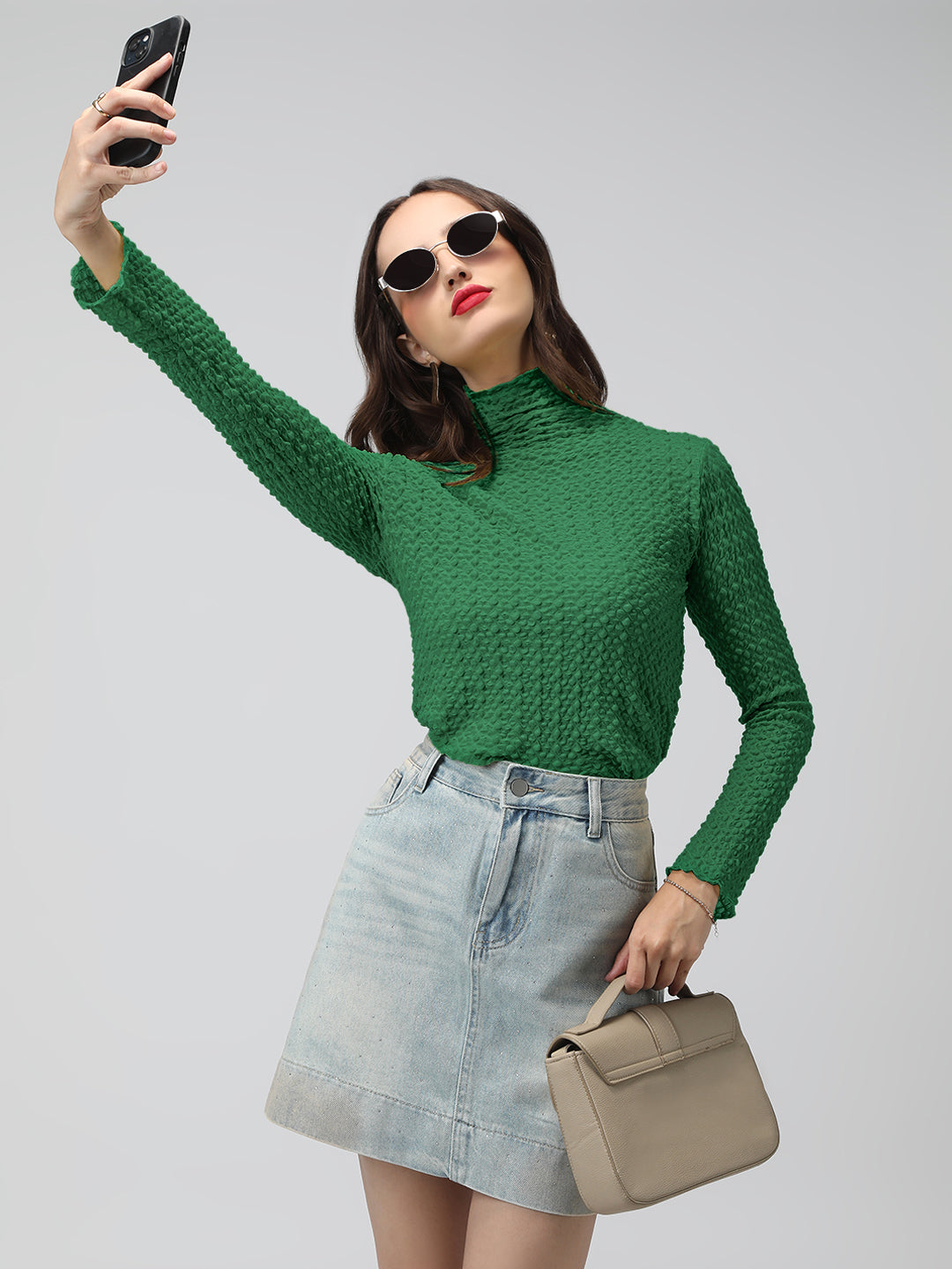 Women's Green Textured Sheer High Neck Top