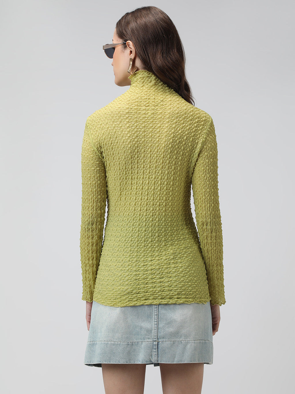 Women's Light Green Textured Sheer High Neck Top