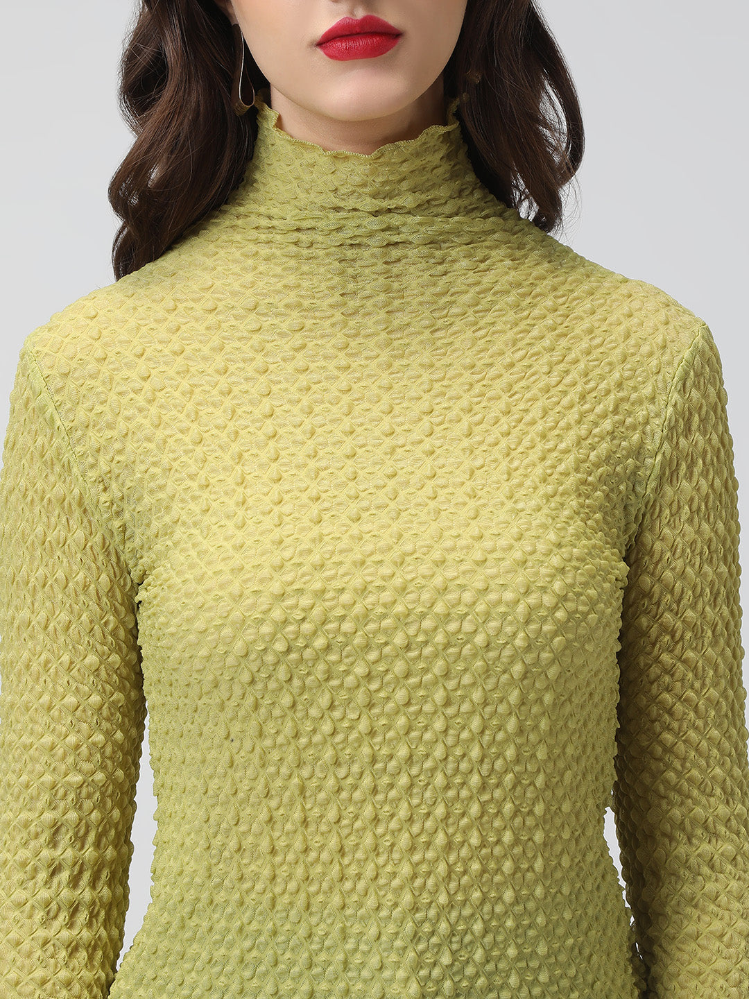 Women's Light Green Textured Sheer High Neck Top