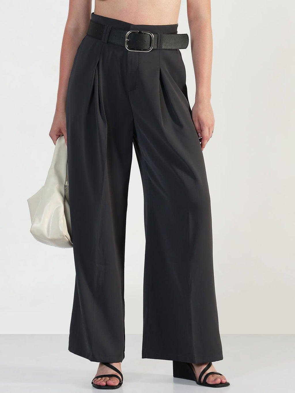 Women's Grey Straight Fit Korean Pants with Belt