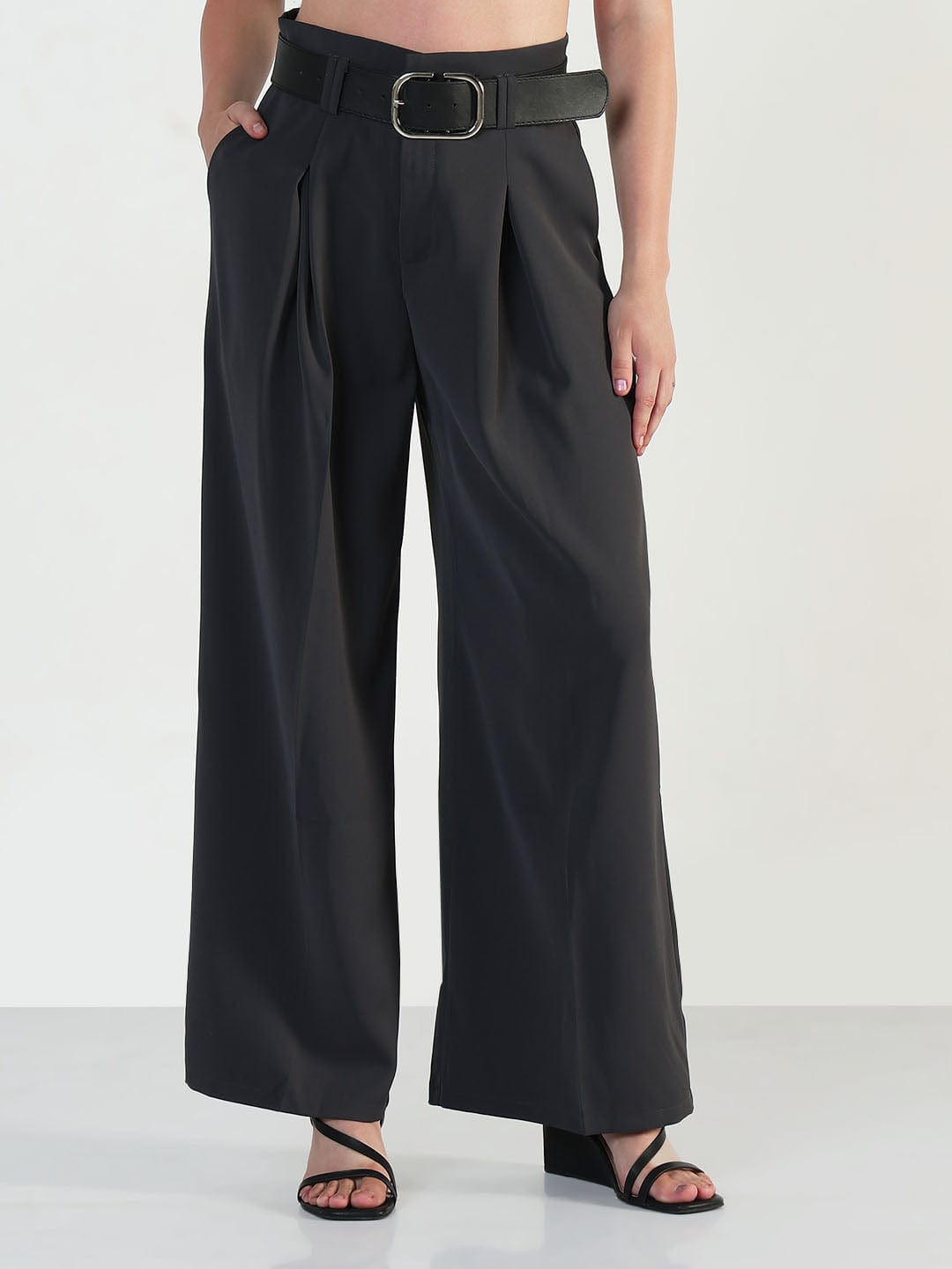 Women's Grey Straight Fit Korean Pants with Belt