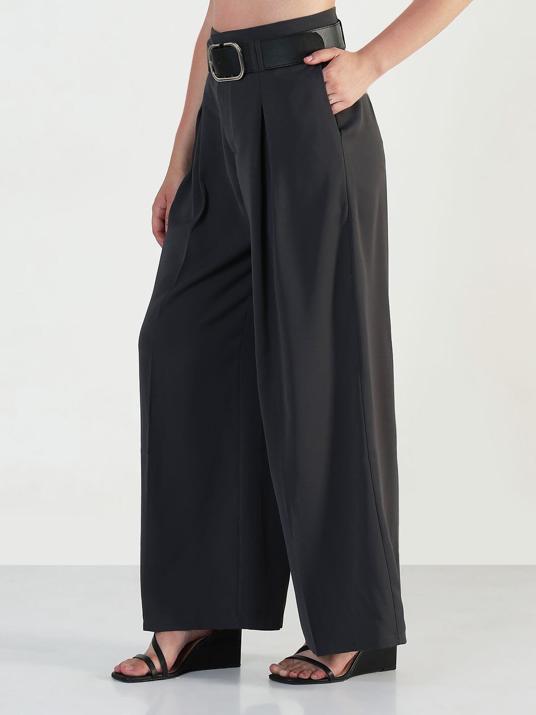 Women's Grey Straight Fit Korean Pants with Belt