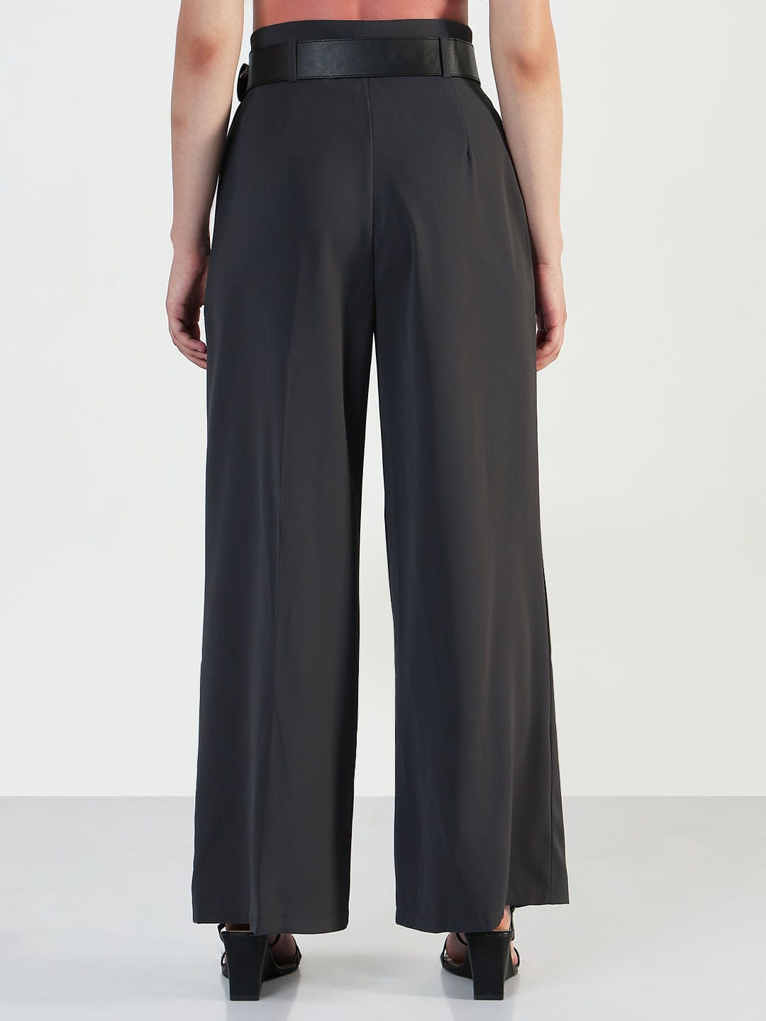 Women's Grey Straight Fit Korean Pants with Belt