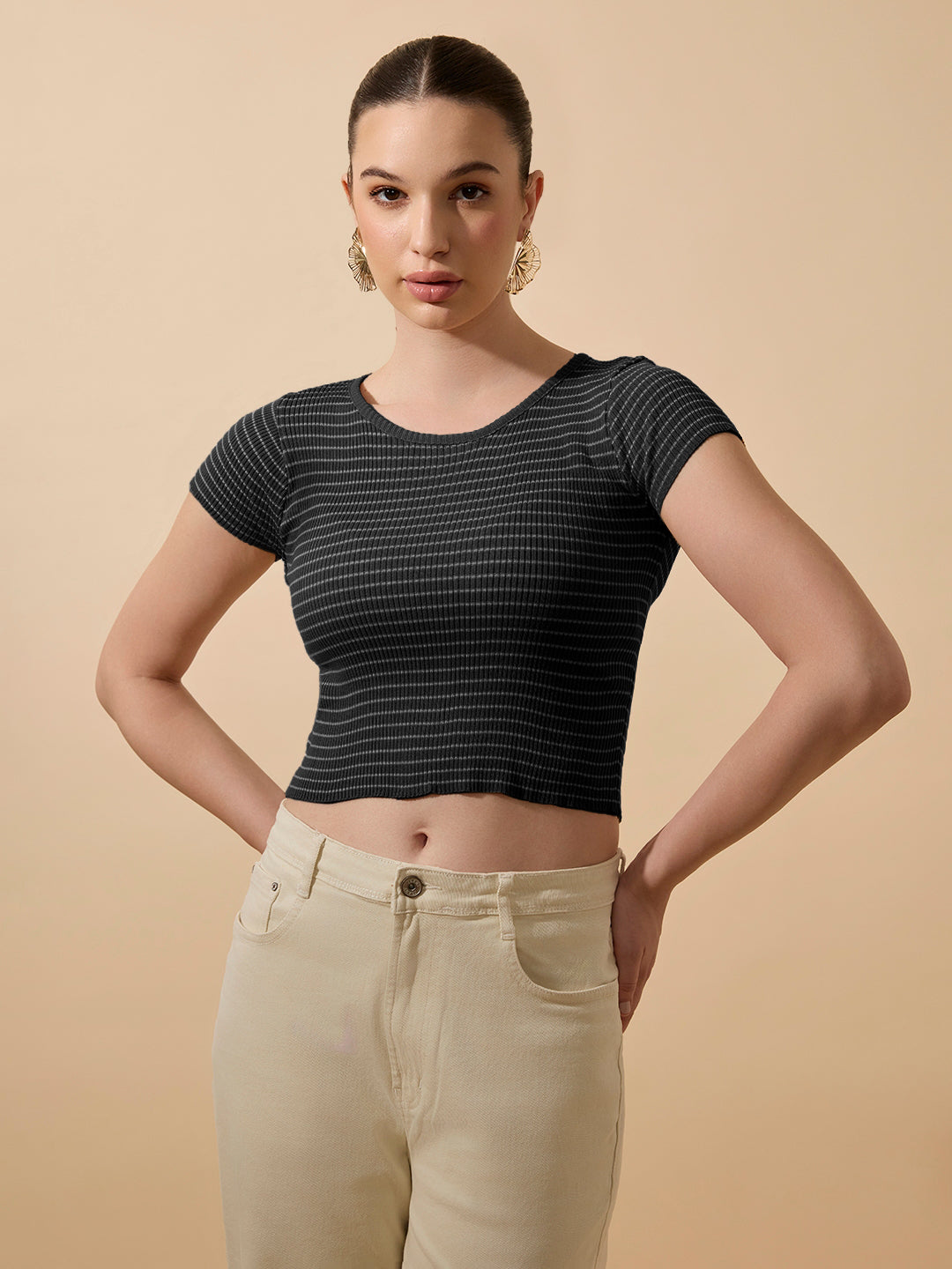 Women's Striped Ribbed Black Short Top with Round Neck