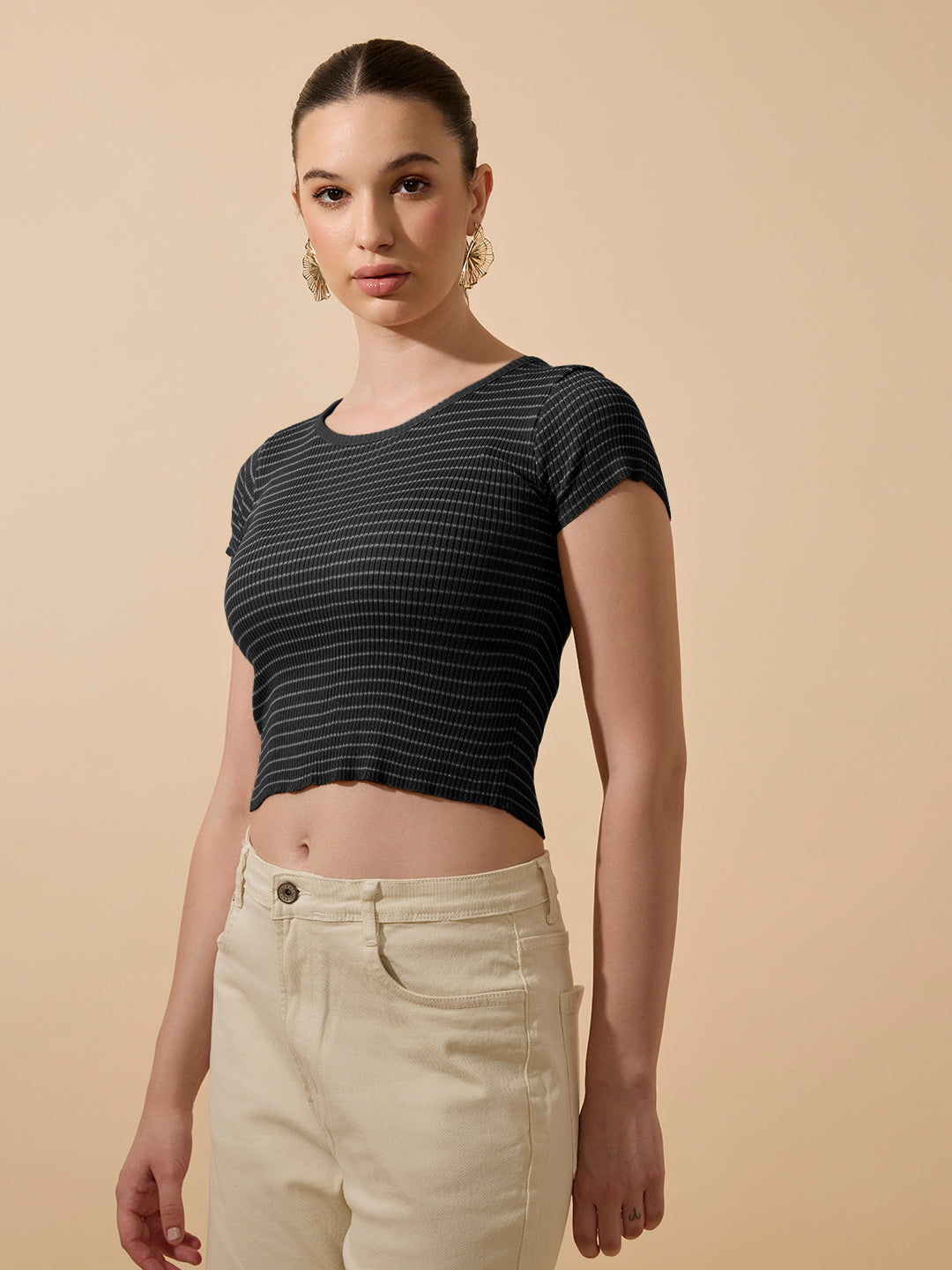 Women's Striped Ribbed Black Short Top with Round Neck