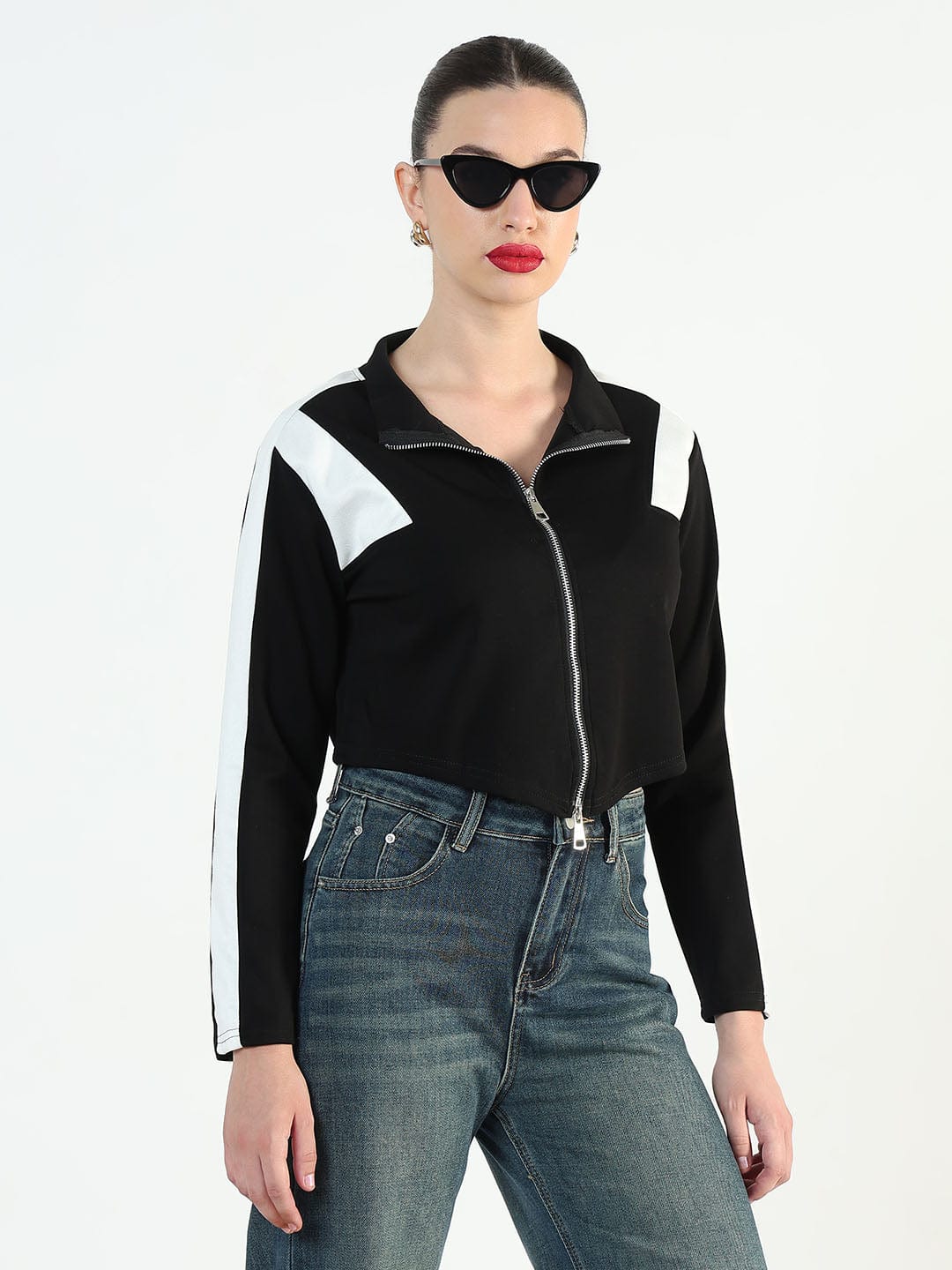 Women's Colourblocked Black High-Low Short Top