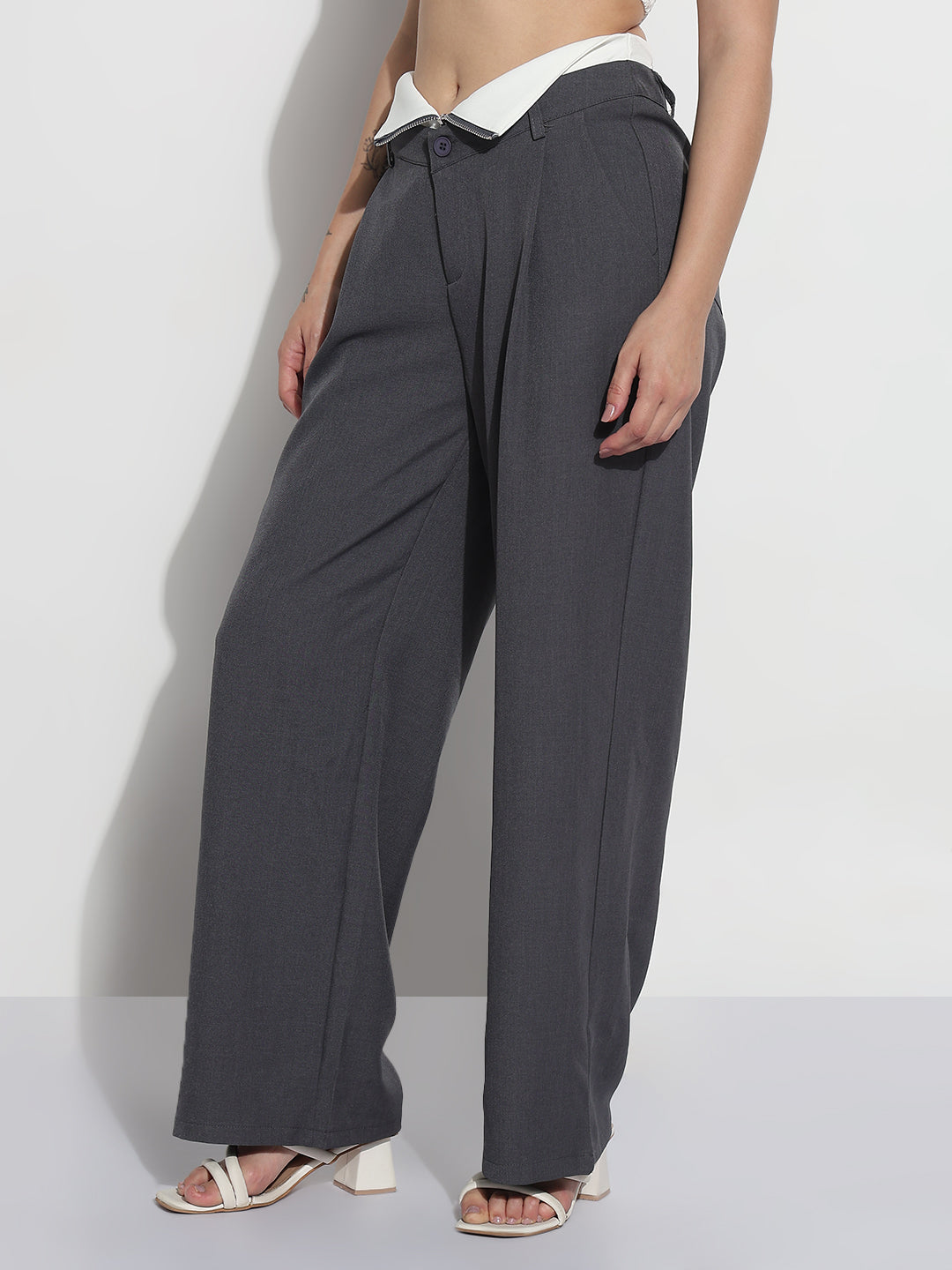 Women's Grey Pleated Korean Pants with Inverted Contrast Button Waistband