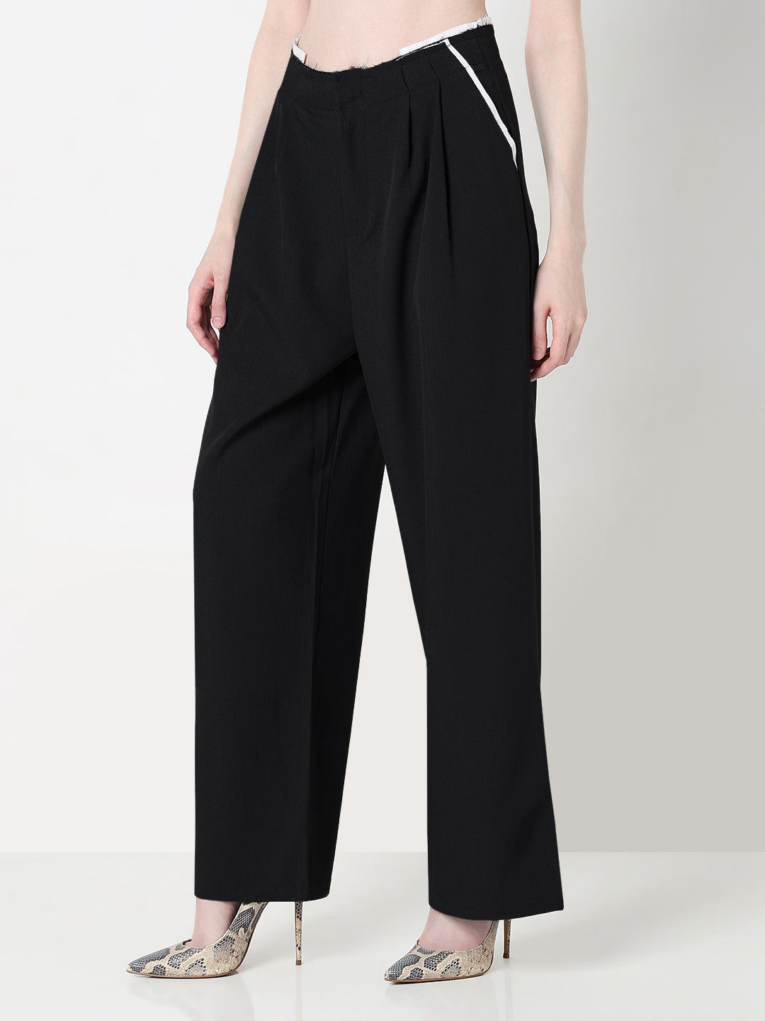 Women's Black Pleated Trousers with Contrast Waistband Detail