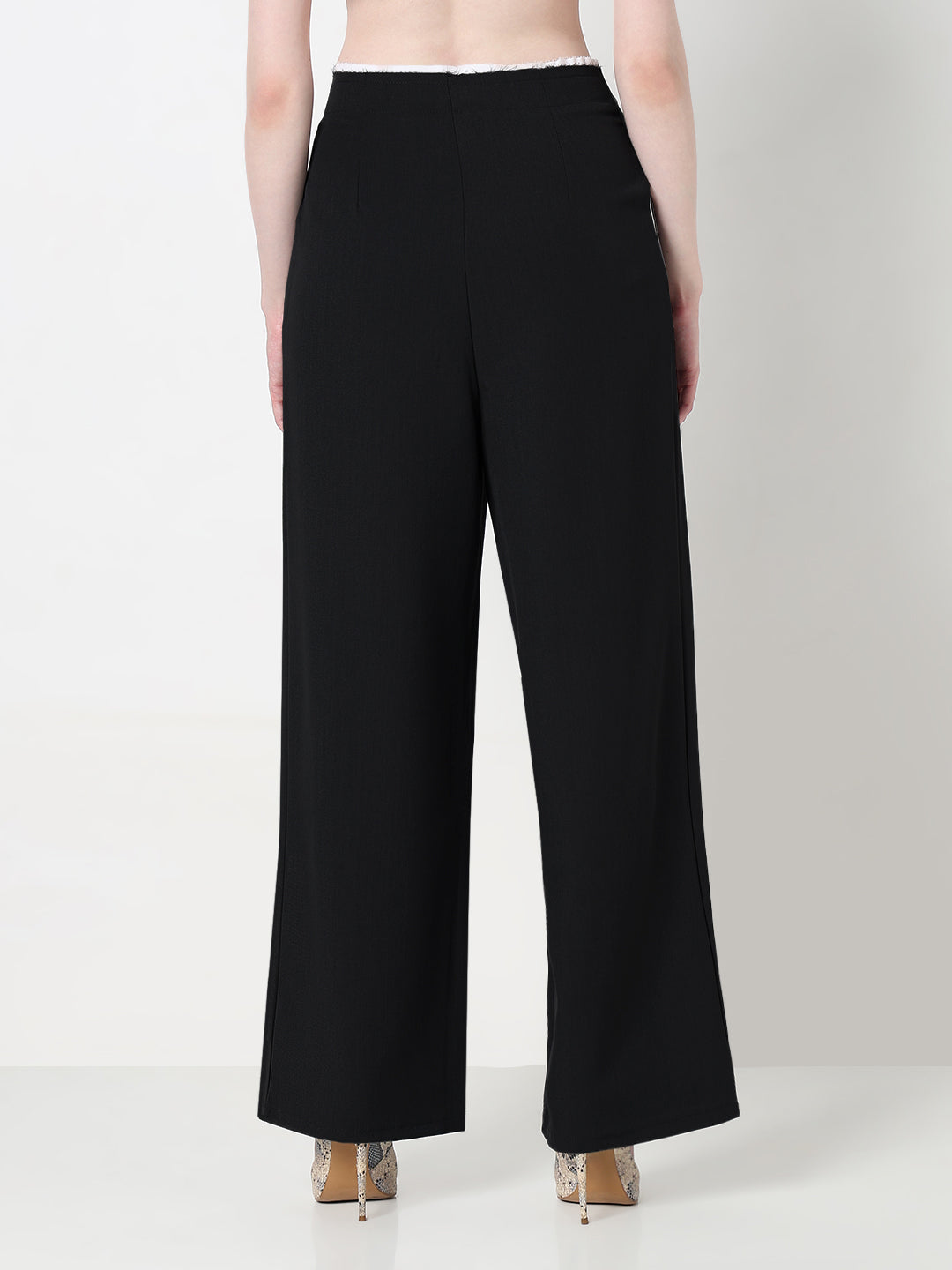 Women's Black Pleated Trousers with Contrast Waistband Detail