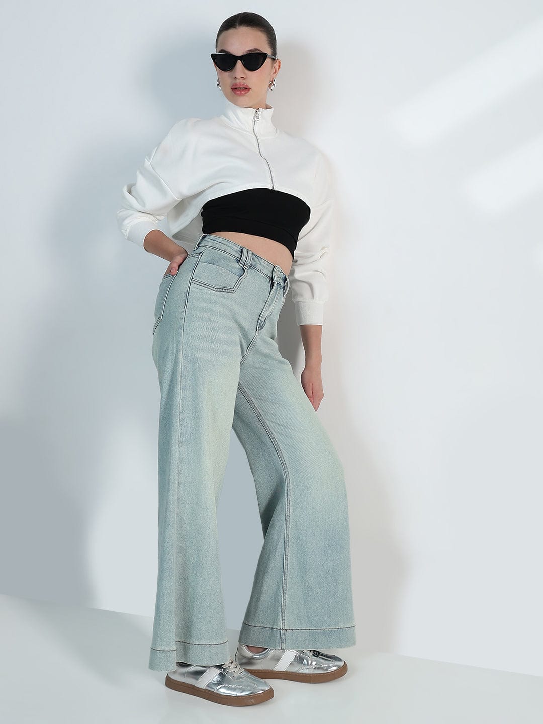 Women's White Zip up Cropped Sweatshirt with Tank Top