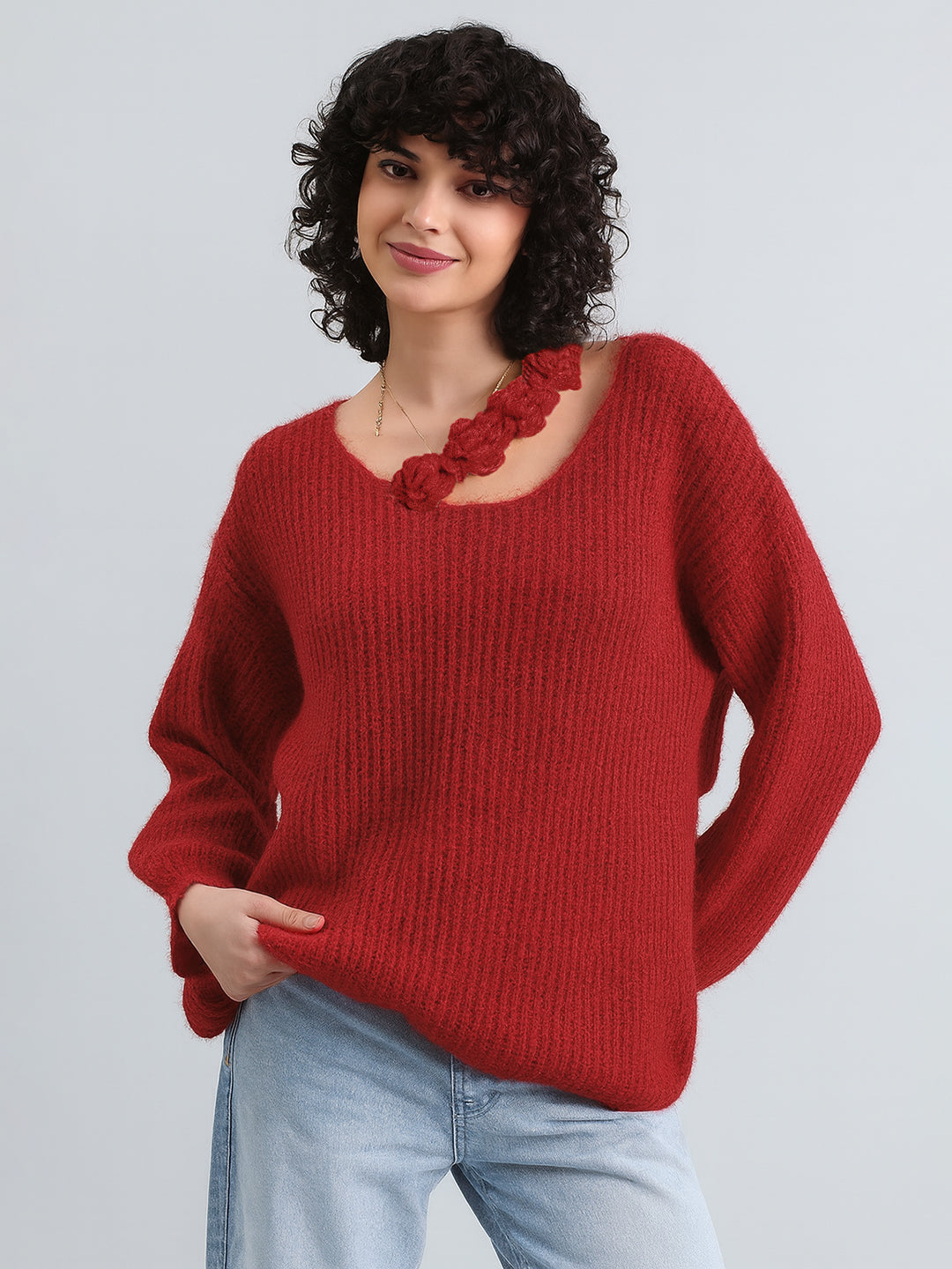 Women's Red Ribbed Sweater Top with Flower Detail