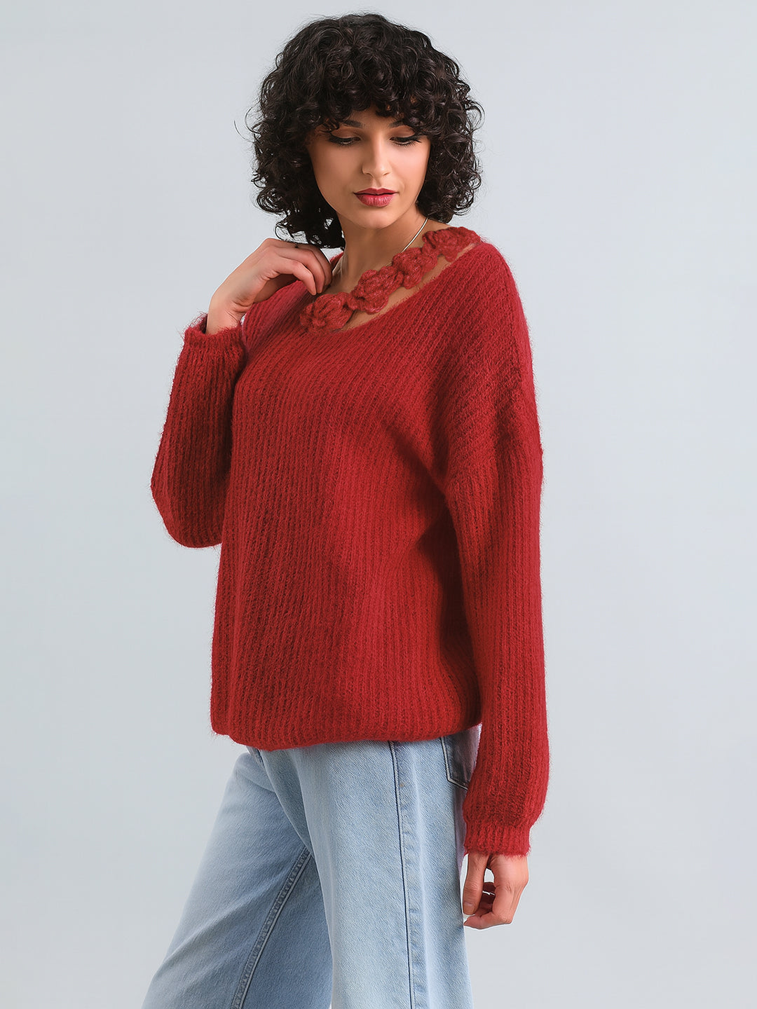 Women's Red Ribbed Sweater Top with Flower Detail
