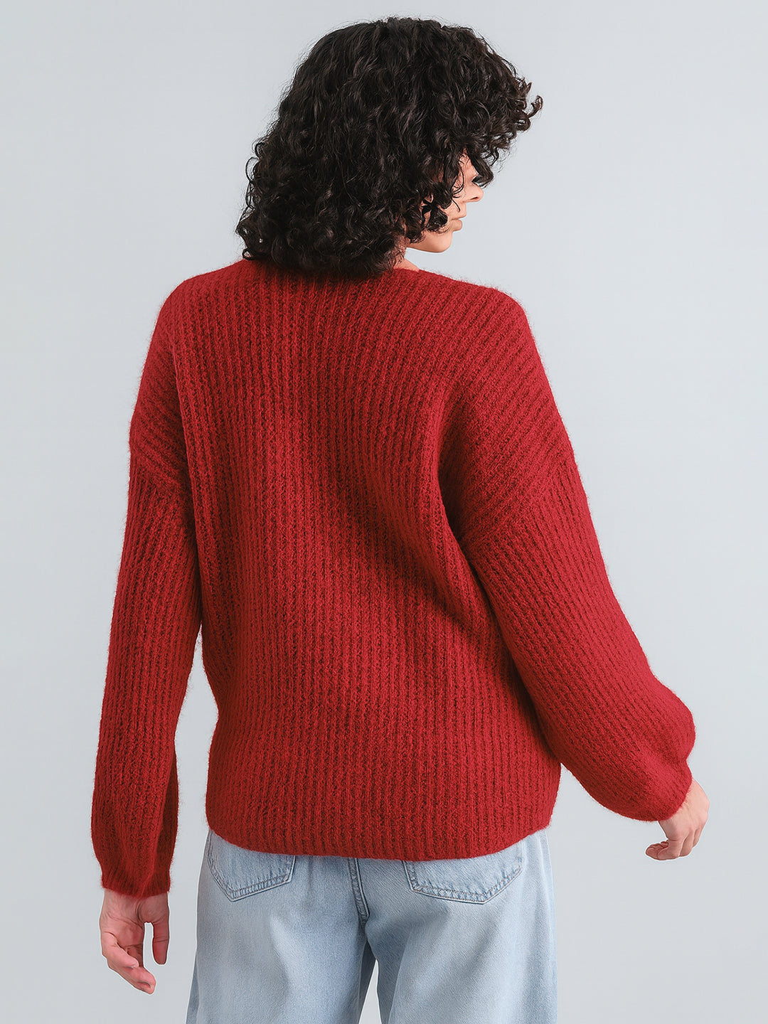 Women's Red Ribbed Sweater Top with Flower Detail