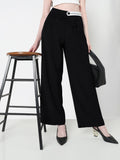 Women's Black Pleated Trousers with Contrast Button Waistband