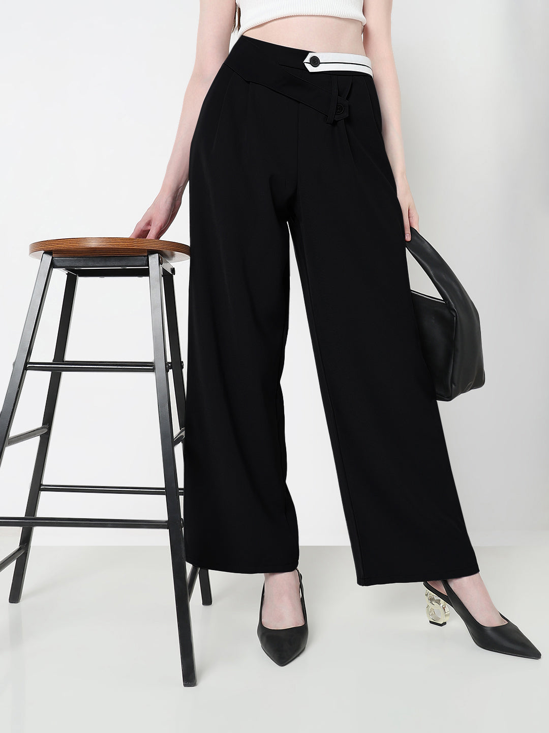 Women's Black Pleated Trousers with Contrast Button Waistband