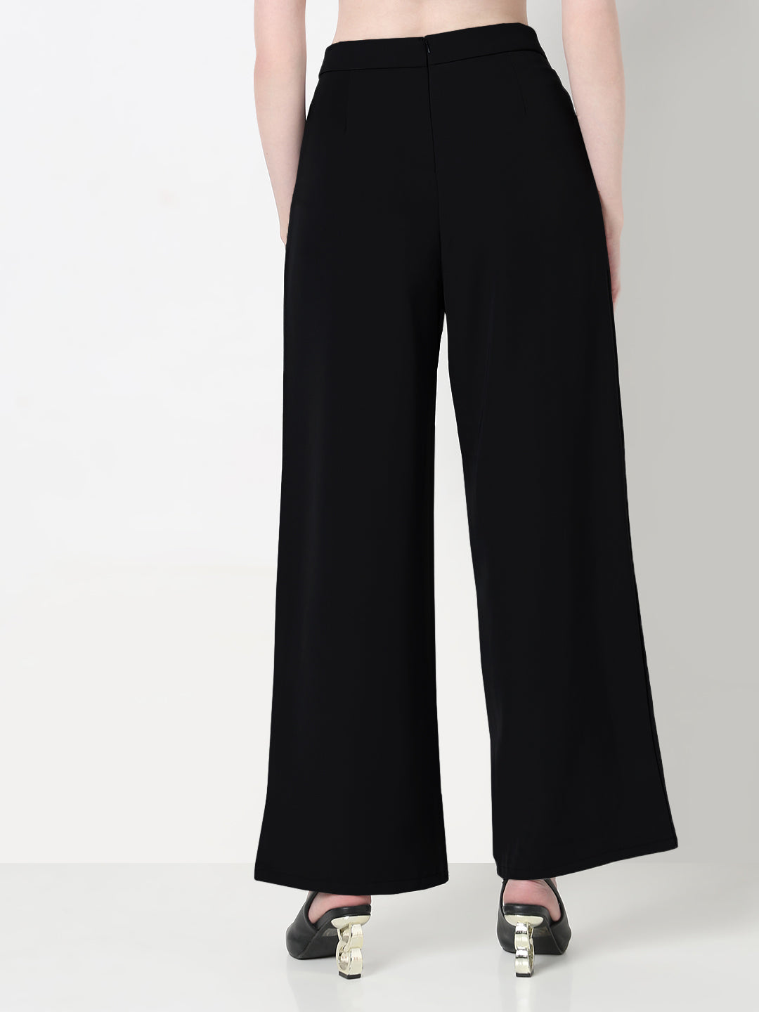 Women's Black Pleated Trousers with Contrast Button Waistband