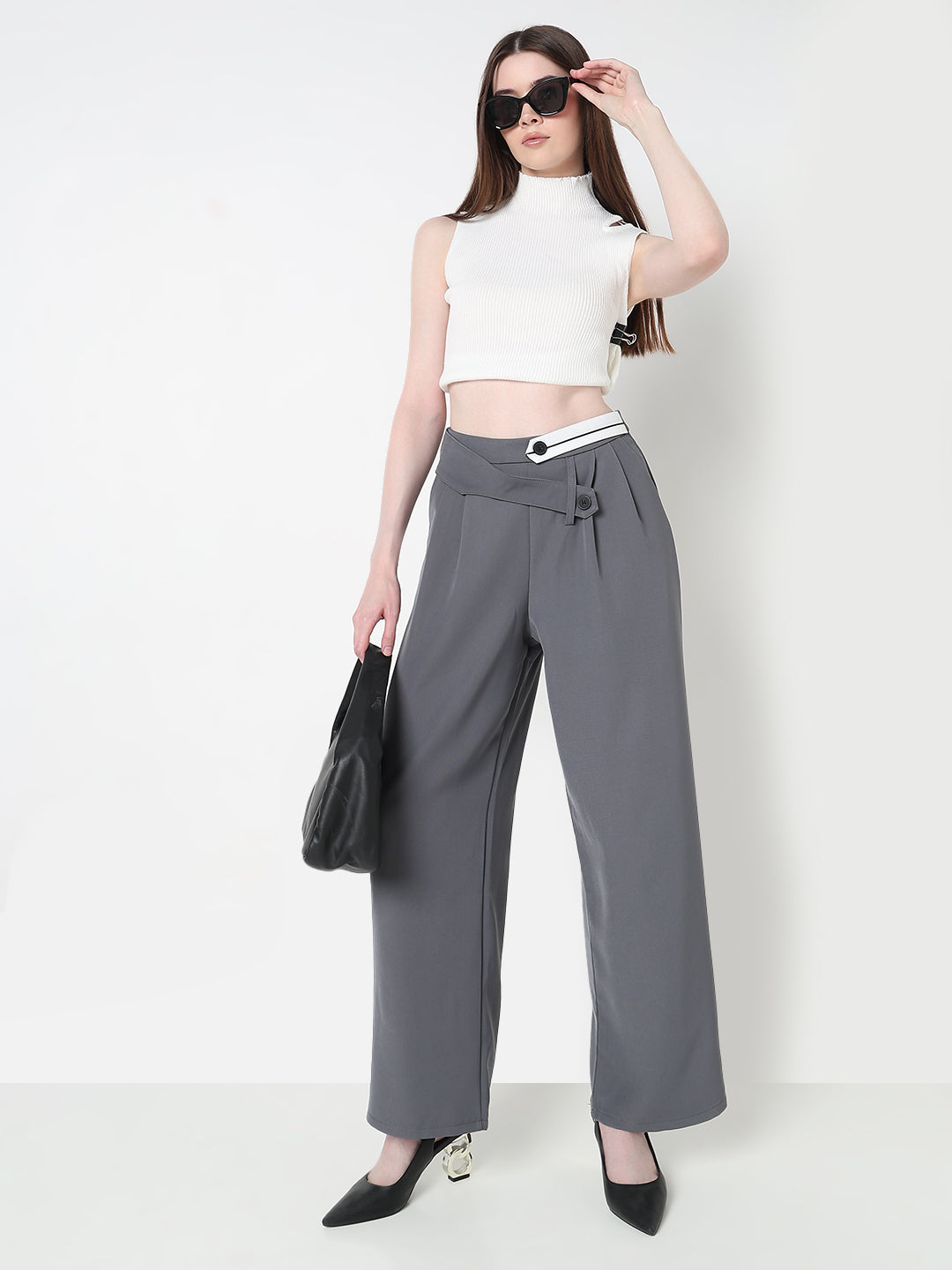 Women's Grey Pleated Trousers with Contrast Button Waistband