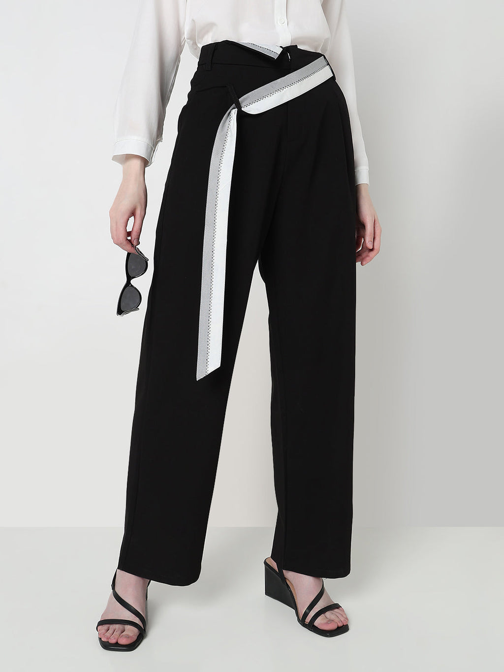 Women's Black Pleated Korean Trousers with Contrast Belt Detail