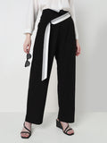 Women's Black Pleated Korean Trousers with Contrast Belt Detail