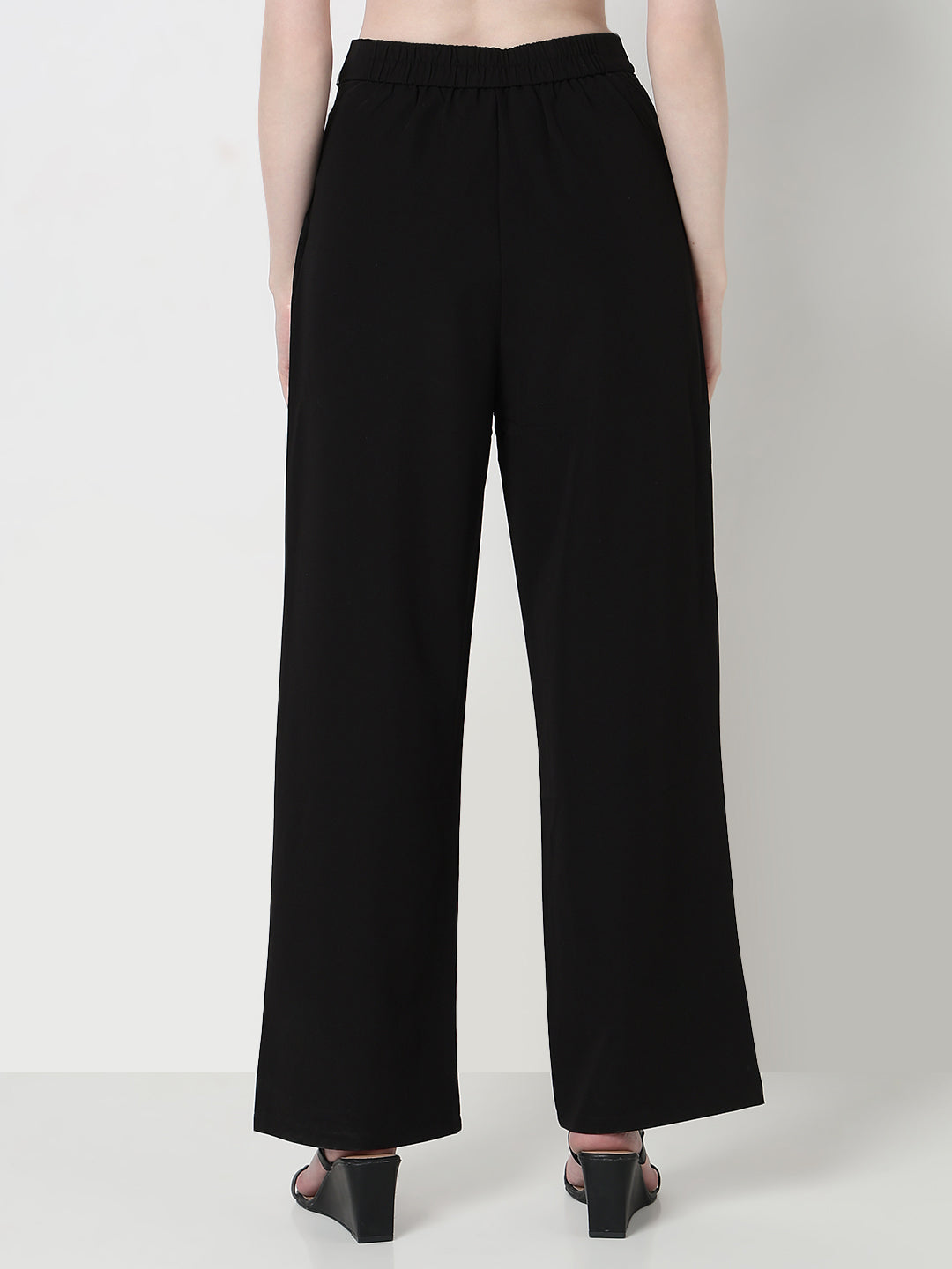 Women's Black Pleated Korean Trousers with Contrast Belt Detail