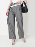Women's Grey Pleated Korean Trousers with Contrast Belt Detail
