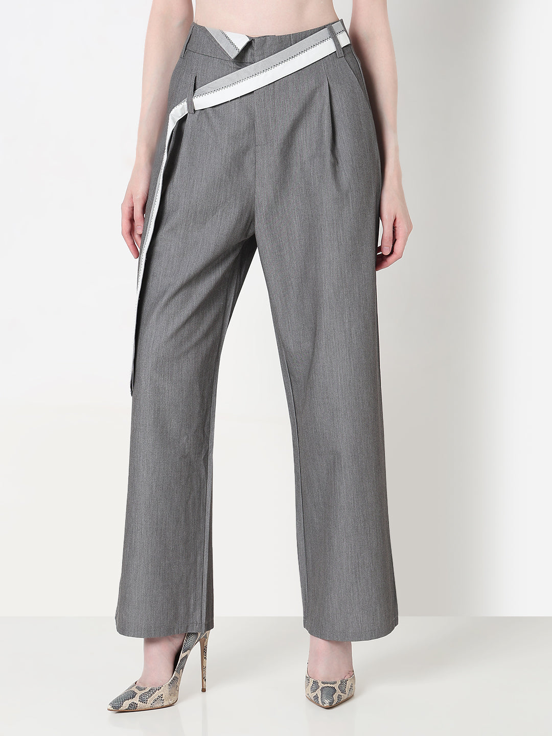 Women's Grey Pleated Korean Trousers with Contrast Belt Detail