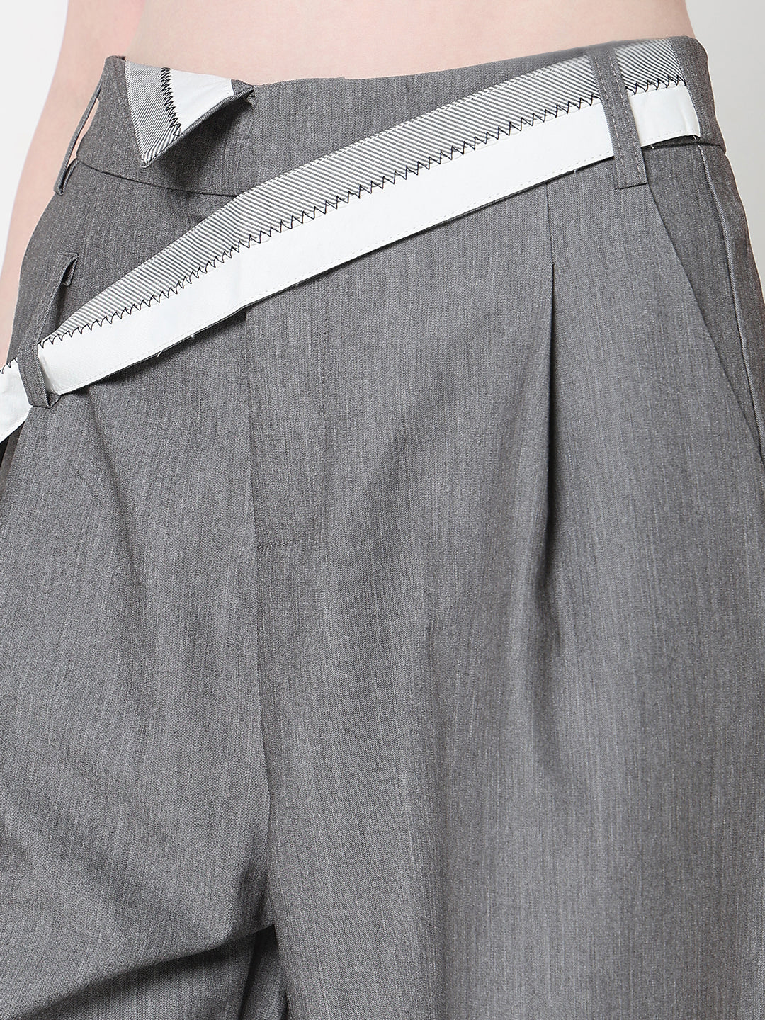 Women's Grey Pleated Korean Trousers with Contrast Belt Detail