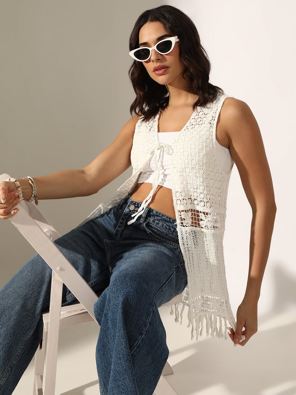Women's White Crochet Sleeveless Open-Front Tie-Up Top
