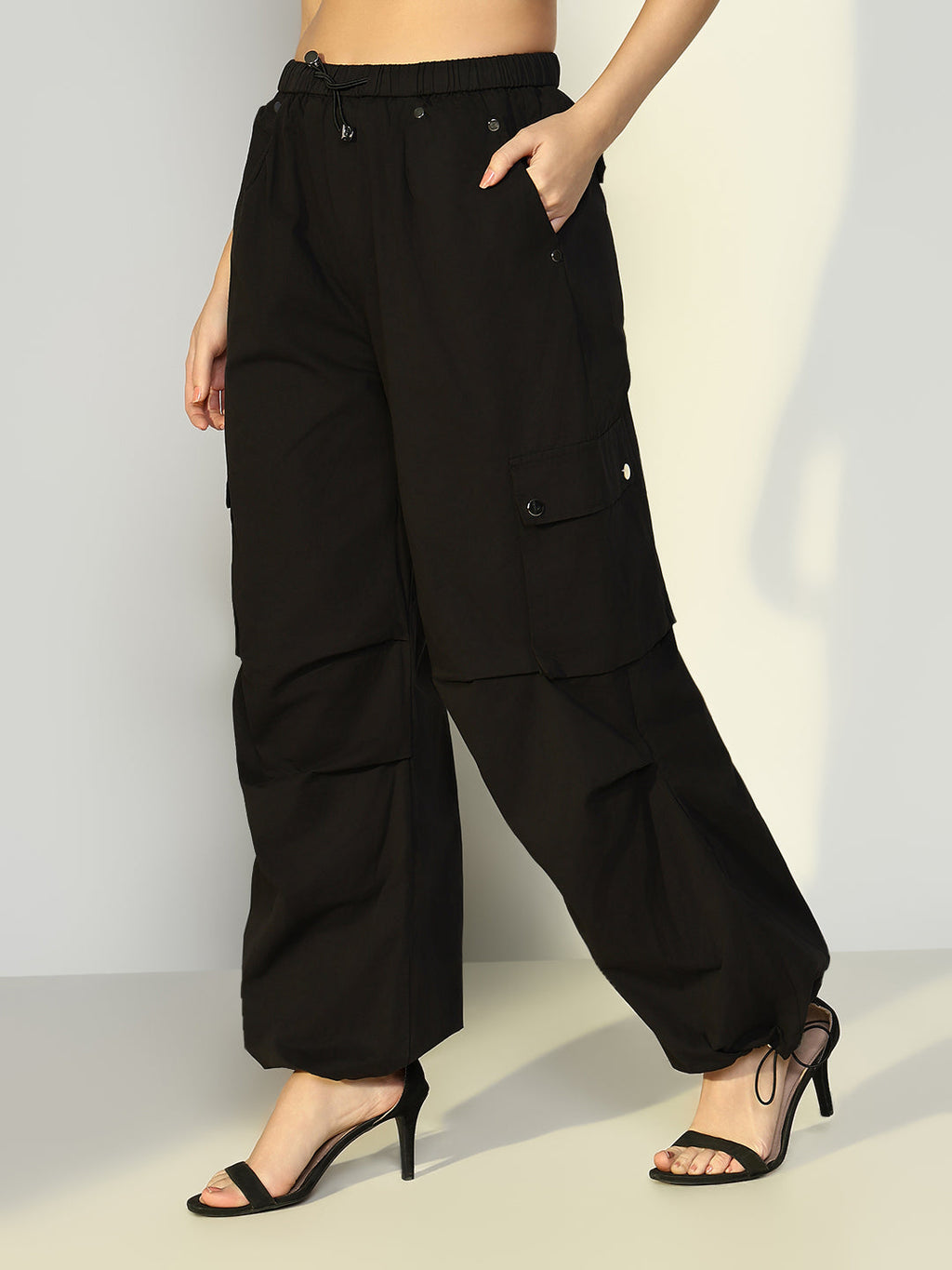 Women's Black Parachute Cargos with Side Pockets