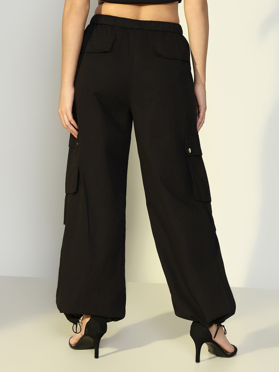 Women's Black Parachute Cargos with Side Pockets