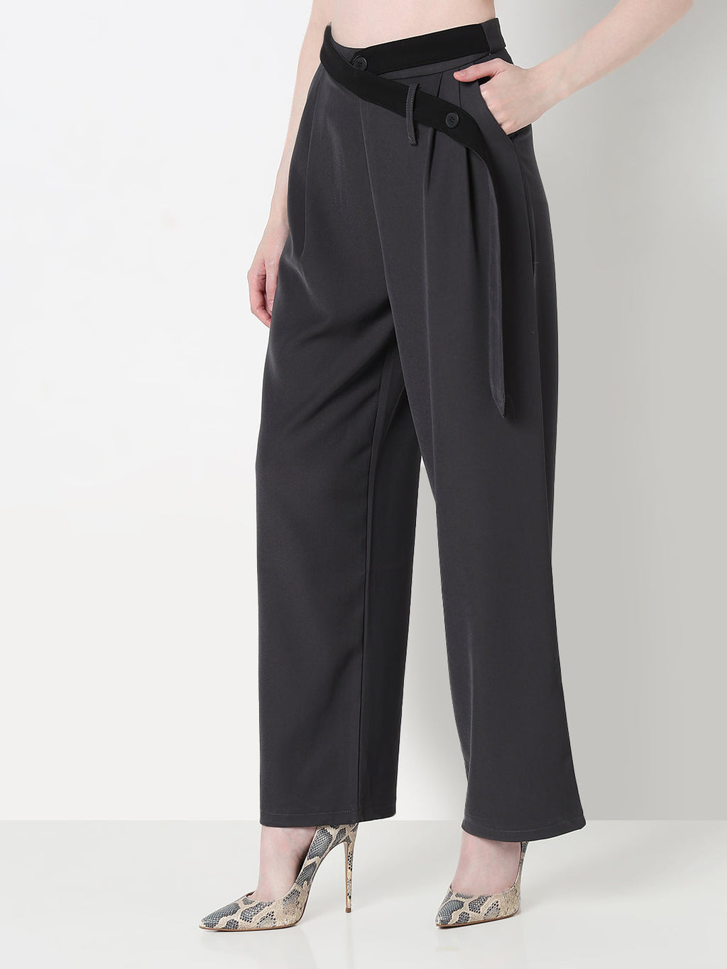 Women's Grey Pleated Trousers with Attached Belt