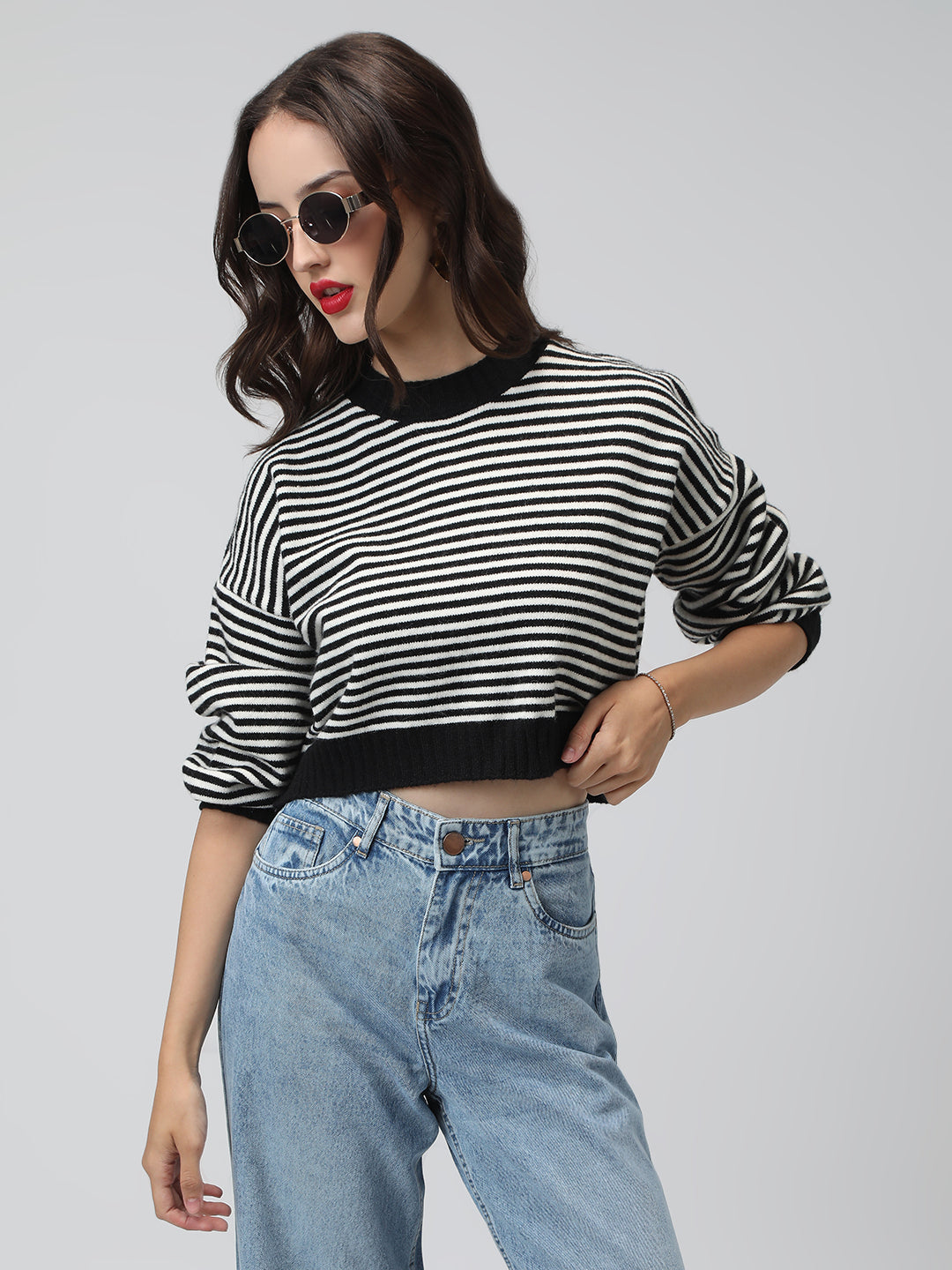 Women's Striped Black and White Ribbed Short Top