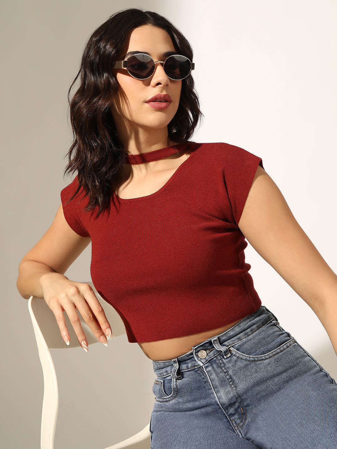 Women's Knitted Rust Choker Neck Crop Top