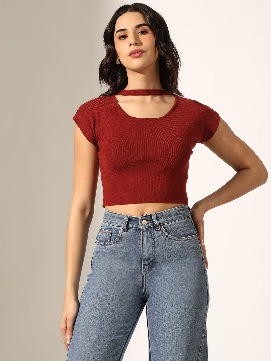 Women's Knitted Rust Choker Neck Crop Top
