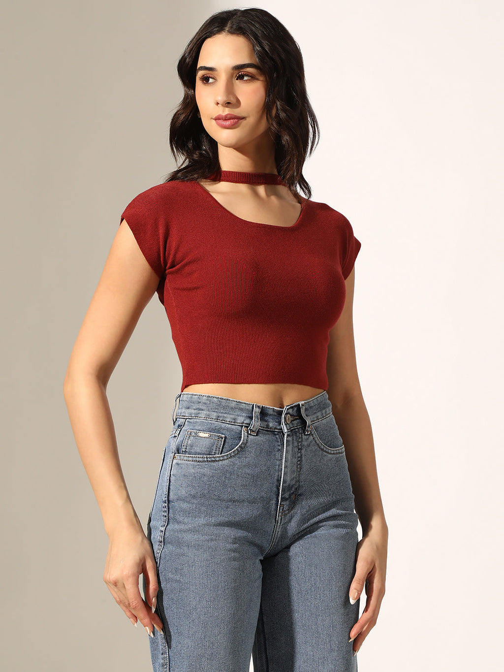 Women's Knitted Rust Choker Neck Crop Top