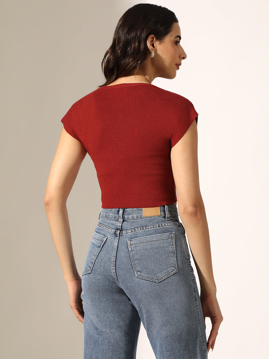 Women's Knitted Rust Choker Neck Crop Top