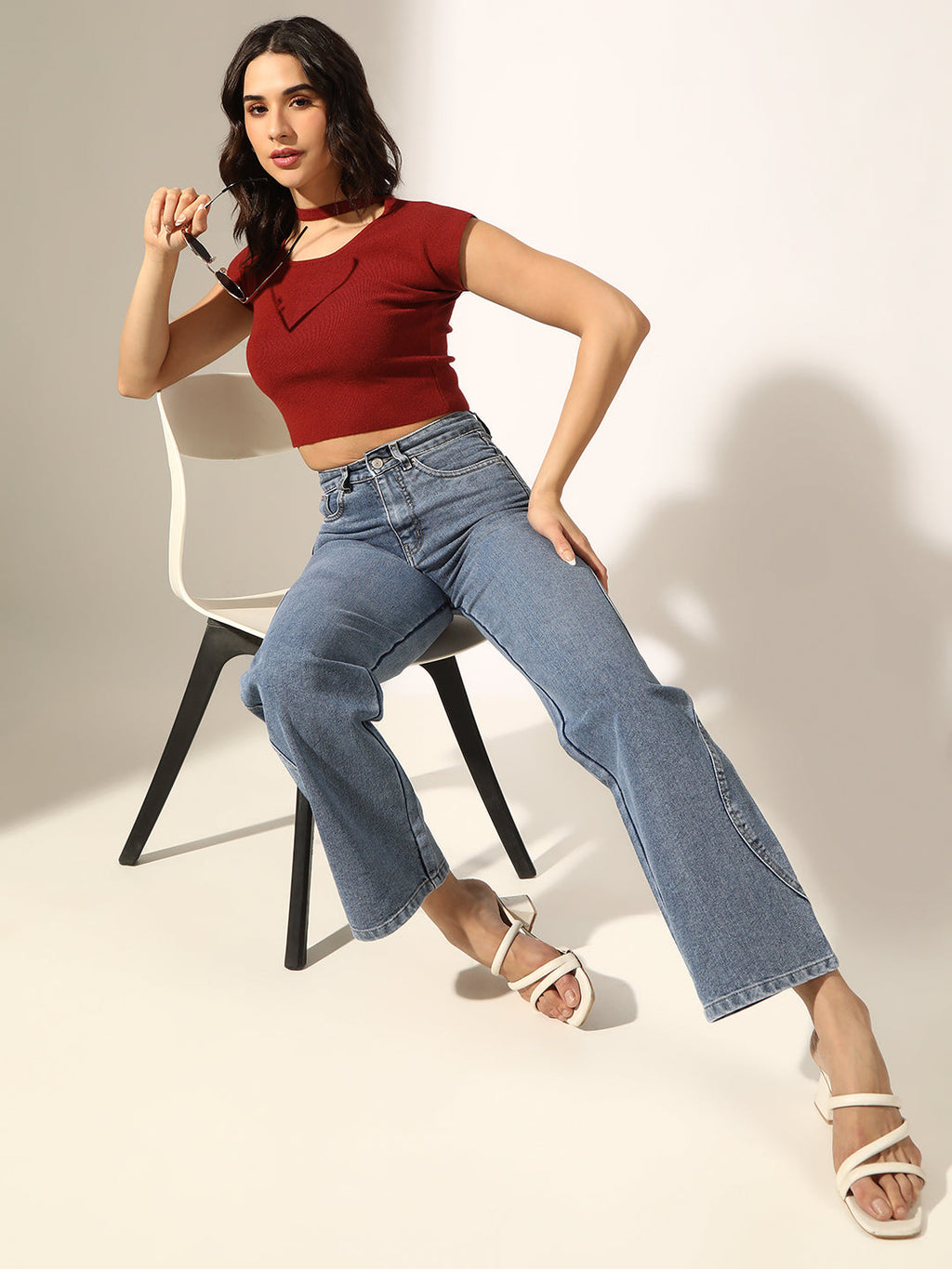 Women's Knitted Rust Choker Neck Crop Top