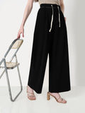 Women's Black Wide Leg Korean Trousers with Contrast Drawcord and Stitch Details