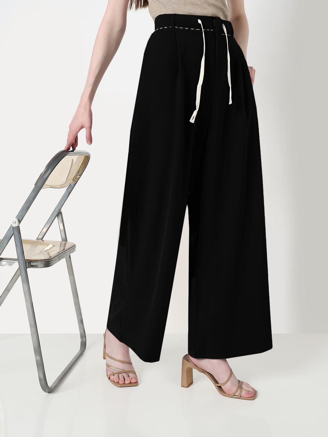 Women's Black Wide Leg Korean Trousers with Contrast Drawcord and Stitch Details