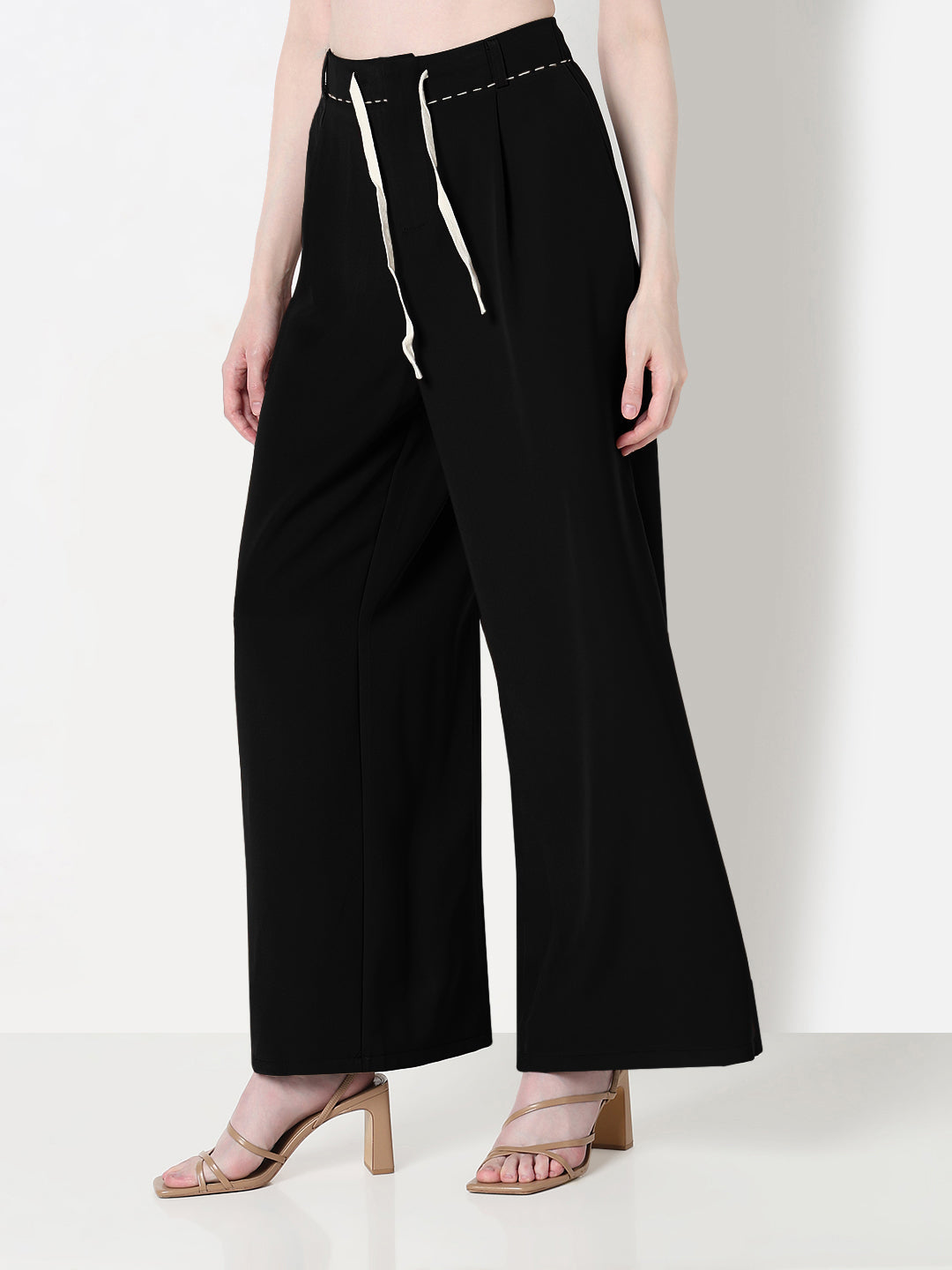 Women's Black Wide Leg Korean Trousers with Contrast Drawcord and Stitch Details