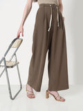 Women's Brown Wide Leg Korean Trousers with Contrast Drawcord and Stitch Details