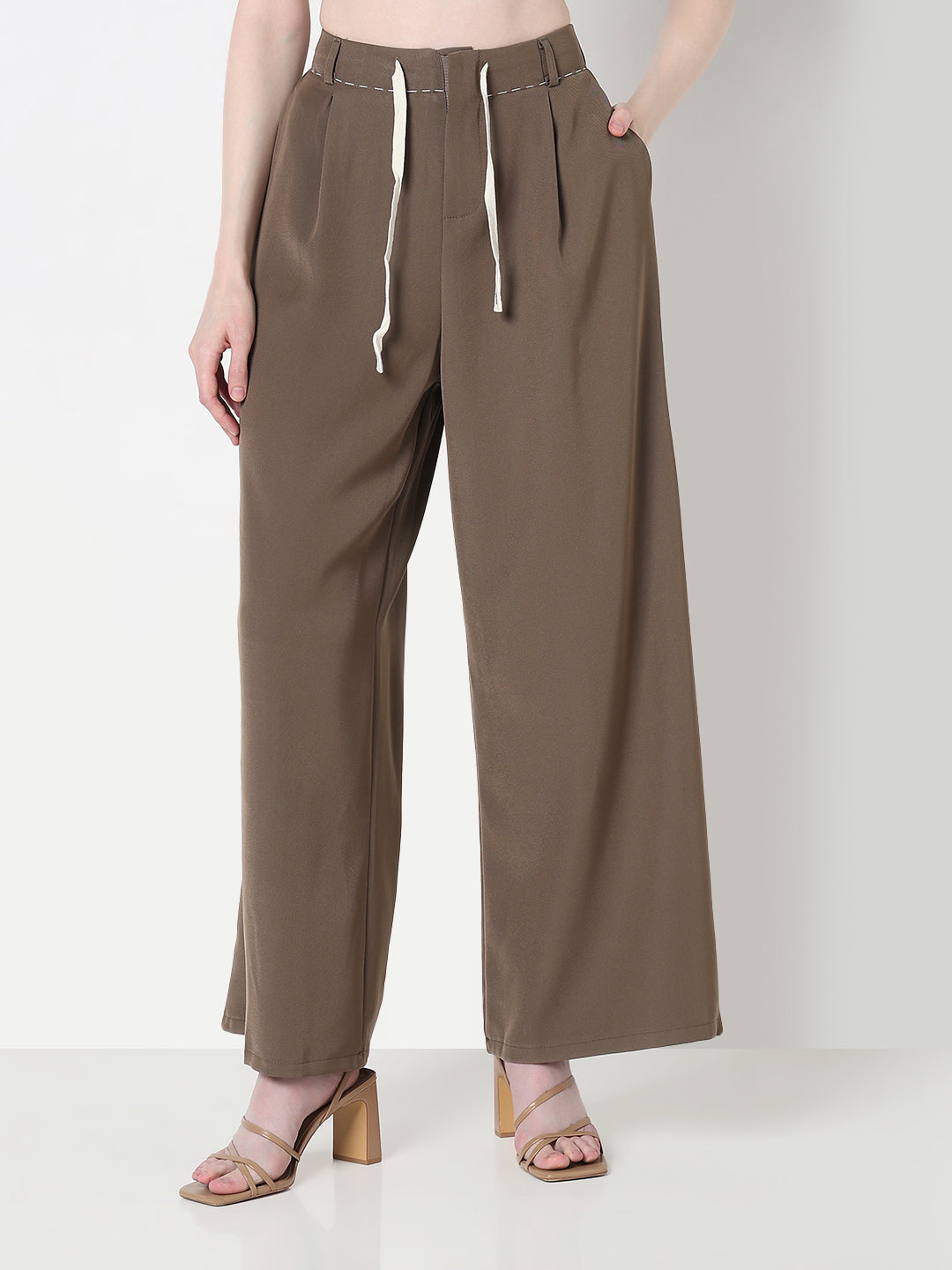 Women's Brown Wide Leg Korean Trousers with Contrast Drawcord and Stitch Details