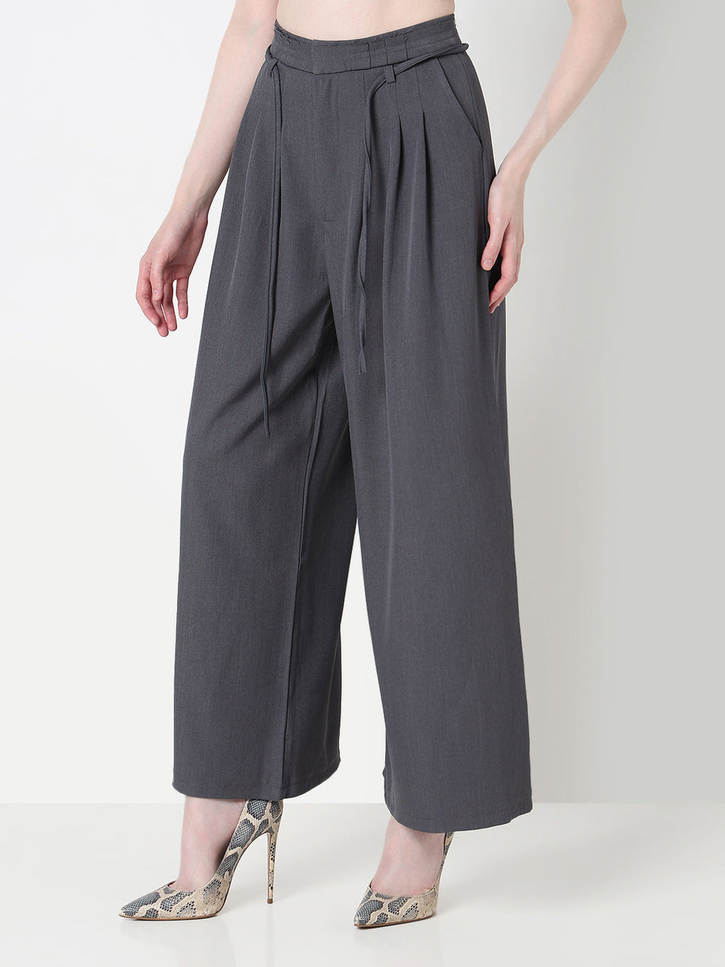 Women's Grey Pleated Wide Leg Formal Trousers