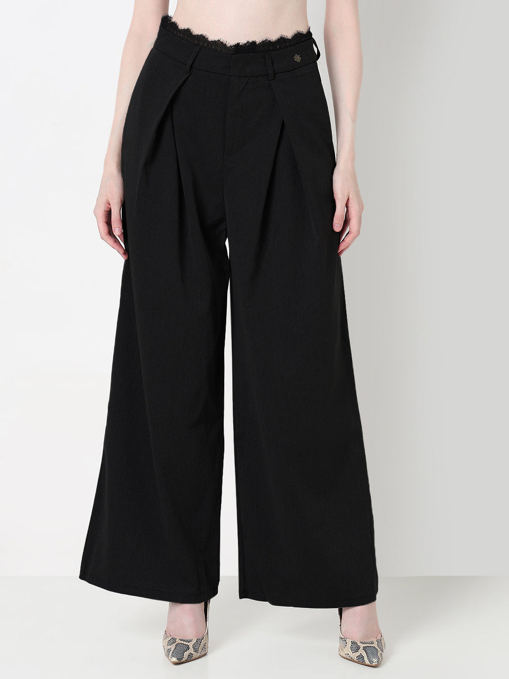 Women's Black Wide Leg Formal Trousers with Lace Trim Detail