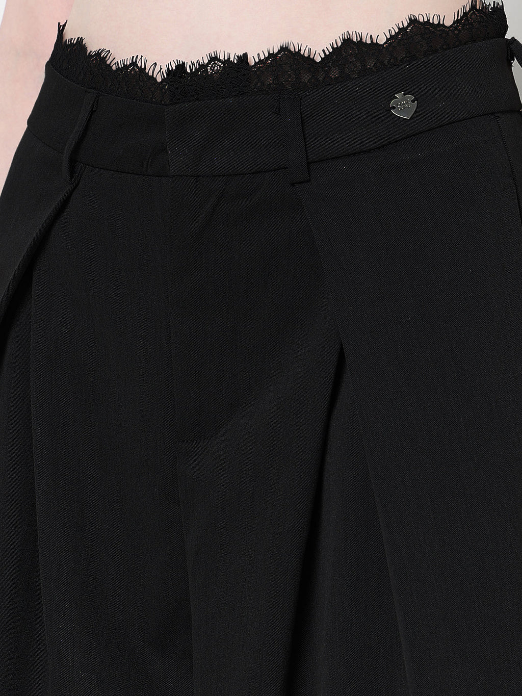 Women's Black Wide Leg Formal Trousers with Lace Trim Detail