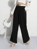 Women's Black Pleated Relaxed Fit Trousers with Contrast Drawstring Waistband